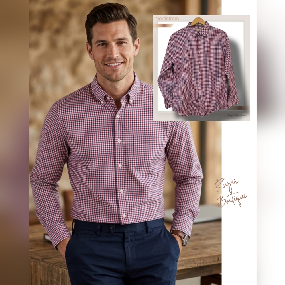 🌿Nordstrom Mens Large Trim Fit Red White Blue Longsleeve Checkered Shirt